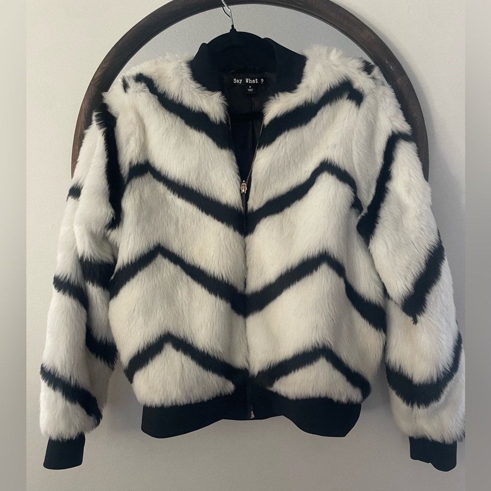 Say What? Black & White Chevron Faux Fur Bomber Jacket